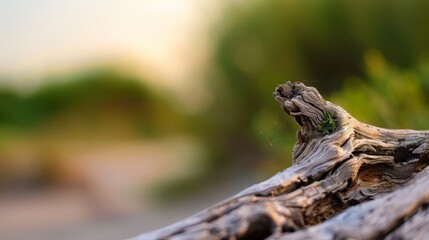 Fototapeta premium A close-up of a piece of wood with a blurred image of trees in the background The foreground displays a blurred image of grass and trees