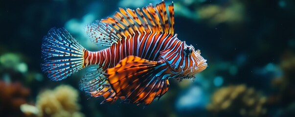 Lionfish displaying its dangerous beauty with striking spines in a dark underwater scene, Lionfish, dangerous elegance