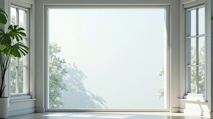 Fototapeta premium Elegant Modern Room with Large Windows and Potted Plants - Bright Sunny Day Illustration