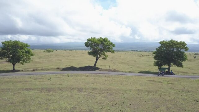 beautiful savana at doro ncanga geopark, bima west nusa tenggara indonesia. beautiful savana view with travel concept. drone view savana 
