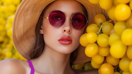 Fototapeta premium A woman, donning sunglasses and a straw hat, stands before a plentiful display of lemons; she too sports a straw hat