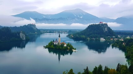 Island Church with Mountain View and Fog on Lake Bled