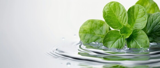 Obraz premium A collection of emerald leaves hovering above a water surface, encircled by a solitary droplet