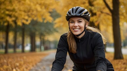Cyclist Smiling in Autumn Park.