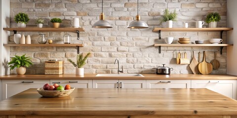 Cozy kitchen background with light stone wall and wooden countertop for product presentation