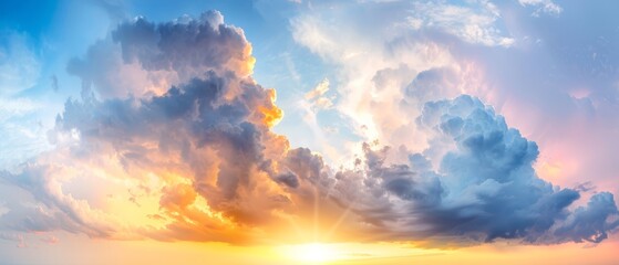  Sun shines through clouds, casting light on water body Boat floats in foreground