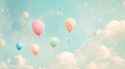 Fototapeta premium A serene sky filled with colorful balloons drifting among fluffy clouds.