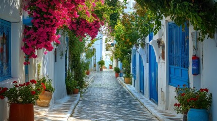 Fototapeta premium Stunning plant-lined historic street in Sidi Bou Said, Tunisia
