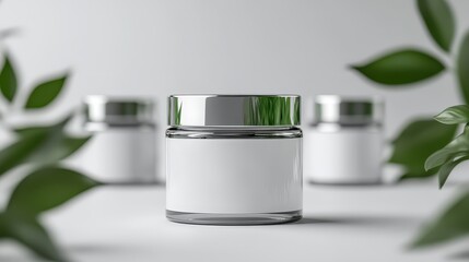 White Glass Jar with Silver Lid and Green Leaves Mockup