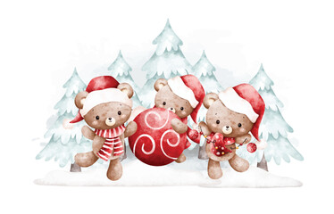 Watercolor Illustration Christmas Bear and Tree in Snow