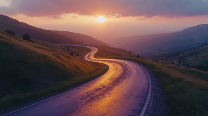 photo of a narrow winding asphalt wet road in a mountainous area at sunset. Top view.
