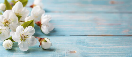  White flowers sit atop a blue wooden table, alongside a green leafy plant on another adjacent wooden table