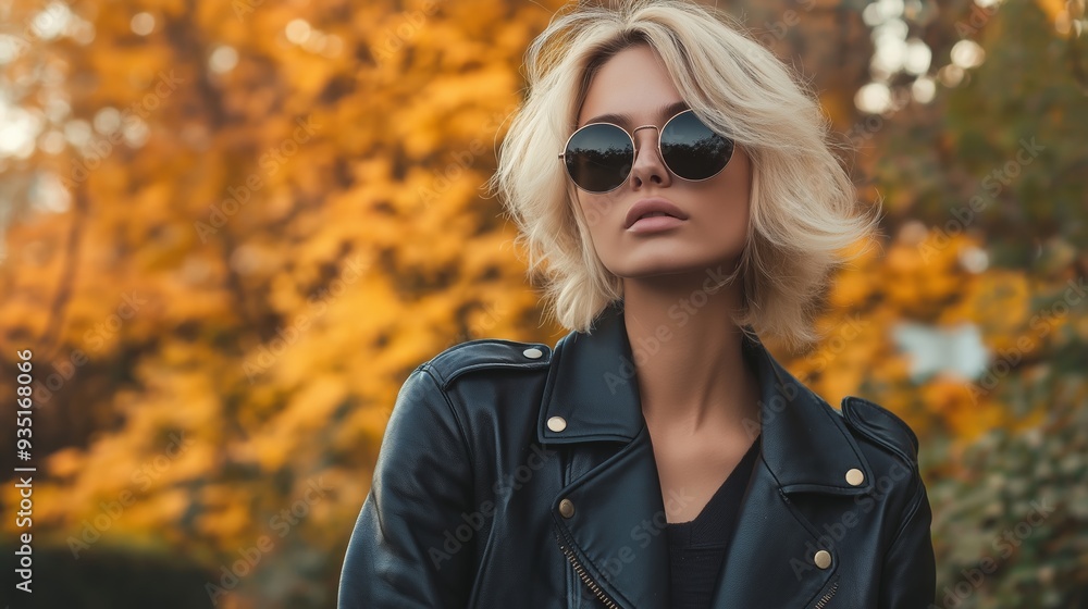 Poster a blonde woman wearing sunglasses and a leather jacket is posing for a photo. the image has a cool, 