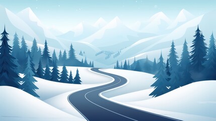 Fototapeta premium Serene Winter Landscape with Snow-Covered Mountains and a Winding Road through Pine Forests