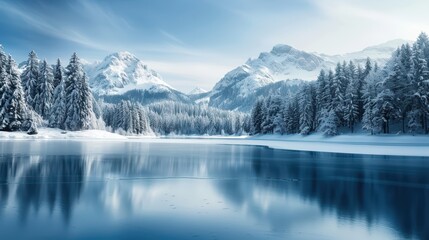 Serene Winter Landscape with Snow-Covered Mountains and Reflective Lake in a Tranquil Forest Setting