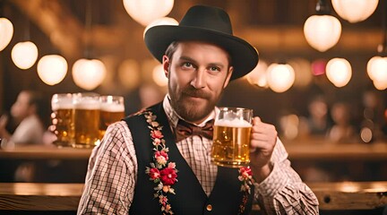 Traditional Bavarian Celebration. Man Holding Beer Mugs at Oktoberfest