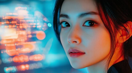 A woman with a red background and a blue background. She is looking at the camera. The background is blurry and has a lot of colors