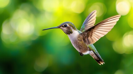 Fototapeta premium A beautiful hummingbird in mid-flight, showcasing vibrant feathers against a soft, blurred green background.