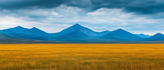 Obraz premium Serene landscape featuring rolling blue mountains and a vast golden field under a dynamic sky, perfect for nature themes.