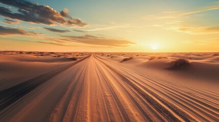 road covered with sand in the desert at sunset. Top view.