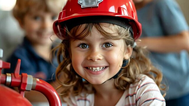 kids role-playing as firefighter pretending to prepare fire extinguisher