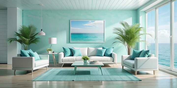 * Step into tranquility with this coastal getaway featuring soothing teal and white tones, a perfect haven for relaxation and rejuvenation.