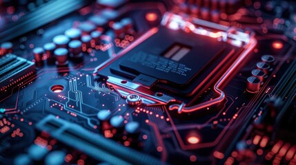 Close-up of a Modern Computer Processor on a High-Tech Circuit Board with Glowing Red and Blue Lights