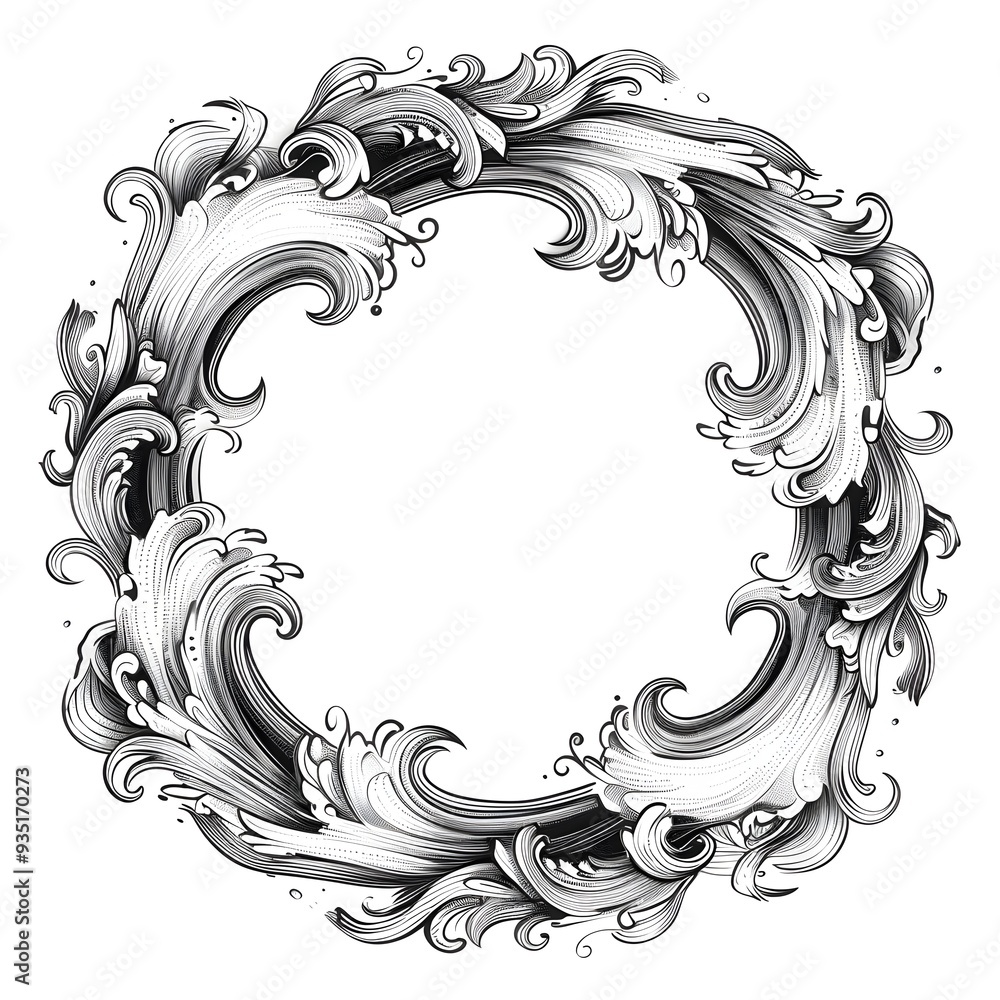 Poster Elegant Circular Frame with Flowing Wave Motifs in Classic Simple Line Art on White Background