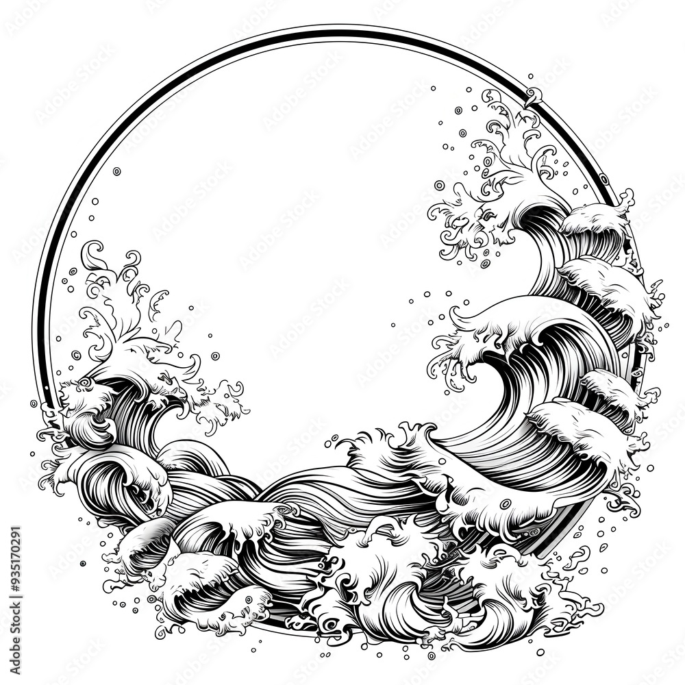 Poster elegant circular frame with flowing wave motifs in classic line art style on white background