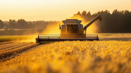 Naklejka premium Wheat harvesting with combine harvesters at sunset in golden field