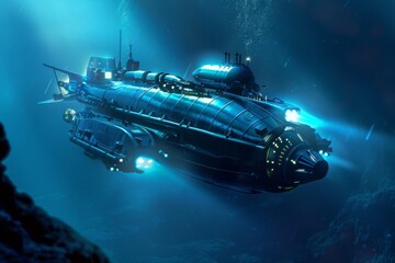 A space shuttle lifts off from the launch pad, surrounded by billowing clouds of smoke and bright flames against the sky, A submersible vehicle exploring the depths of the ocean 