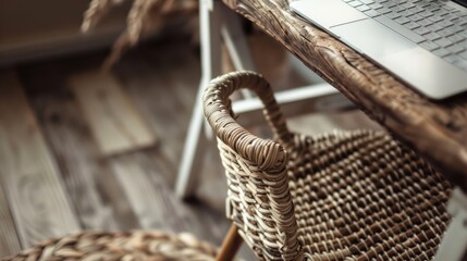 Fototapeta premium Wicker Chair Back Closeup with Laptop and Wooden Table in Background