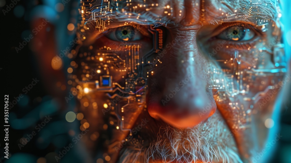Poster the face of android senior man covered with integrated microcircuits against background of it equipm