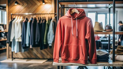 mock up of plain red hoodie in shop displayed on mannequin, mannequin standing in front of clothes rack,