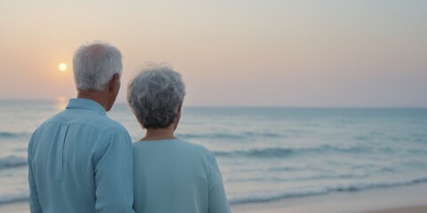 Elderly Couple Embracing on Beach at Sunset, Showing Love and Ca