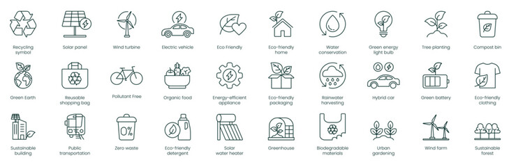 Recycling Symbol, Solar Panel, Wind Turbine, Electric Vehicle, Eco-Friendly, Eco-Friendly Home, Water Conservation, Green Energy Light Bulb, Tree Planting, Compost Bin, Green Earth vector icons 