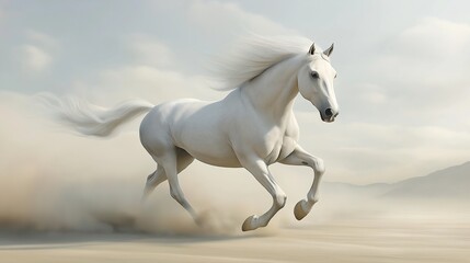 Fototapeta premium A white horse is running through the sand, leaving a trail of dust behind it. Concept of freedom and power, as the horse gallops across the open landscape