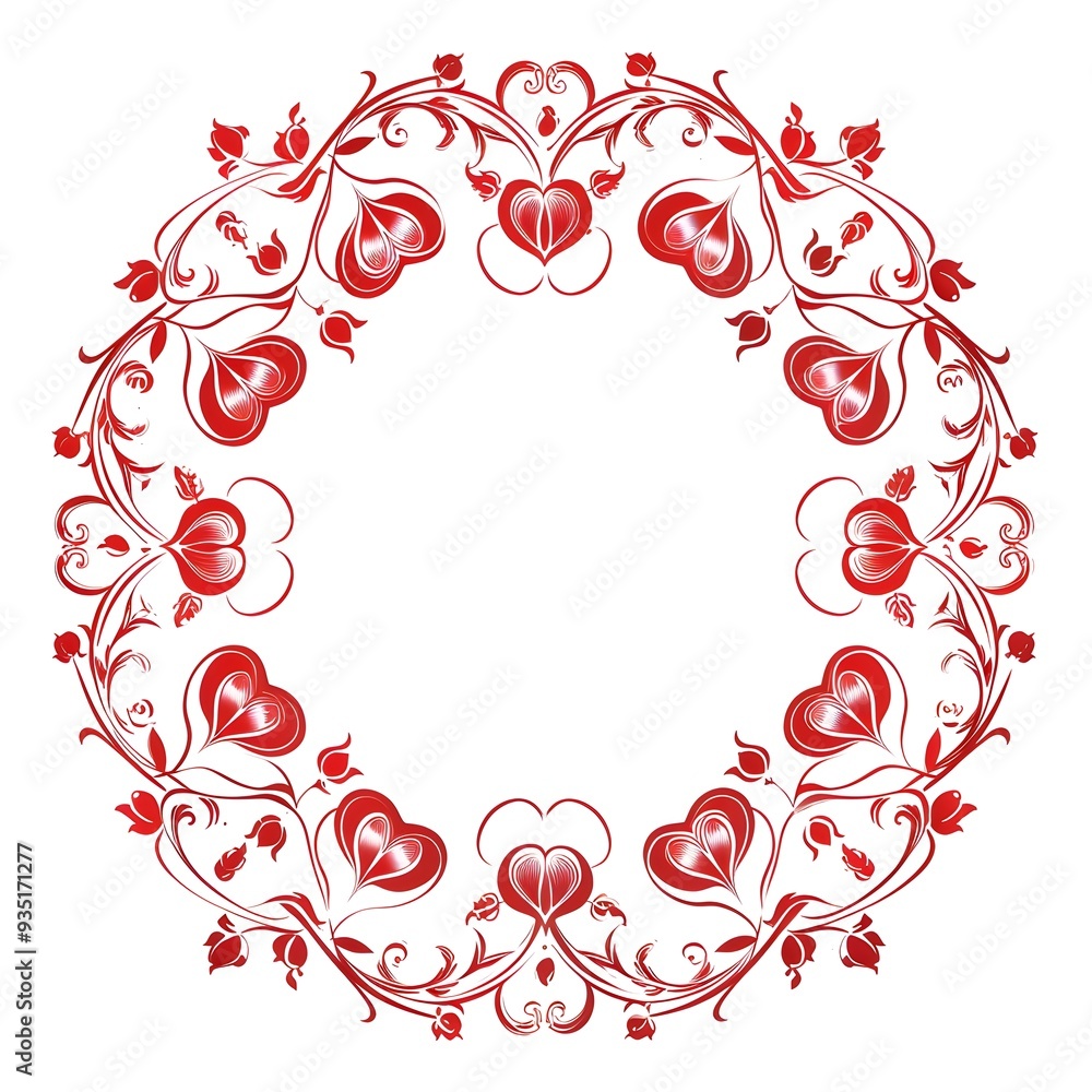 Poster elegant circular frame with heart motifs in classic simple line art on white background
