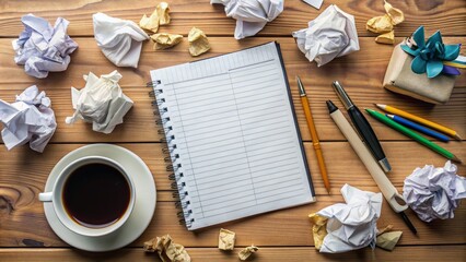 A cluttered desk surface with a scribbled to-do list, crumpled notes, and a cup of coffee, surrounded by office supplies and scattered paperwork.