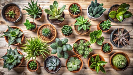 Fototapeta premium Top view of a variety of houseplants in pots on a background