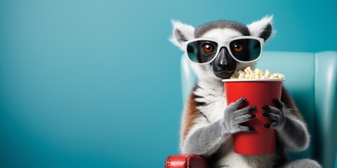 Obraz premium Curious Lemur in Turquoise Scene, Wearing Sunglasses and Watchin