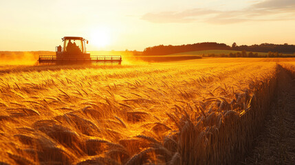 Fototapeta premium Wheat harvesting with combine harvesters at sunset in golden field