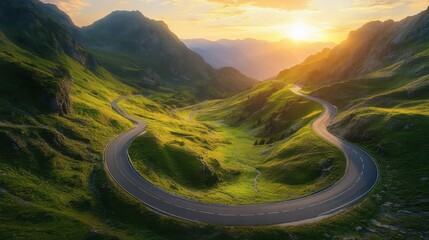 road in mountainous area at sunset. View from above