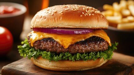 Close up of a juicy cheeseburger with lettuce, red onion, and melted cheese on a sesame seed bun.