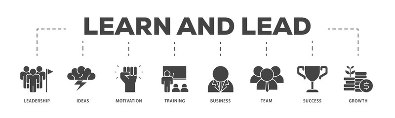 Learn and lead icons process structure web banner illustration of leadership, ideas, motivation, training, business, team, success, and growth icon png transparent background.