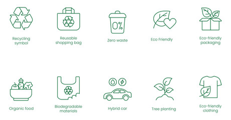 Recycling Symbol, Reusable Shopping Bag, Zero Waste, Eco-Friendly, Eco-Friendly Packaging, Organic Food, Biodegradable Materials, Hybrid Car, Tree Planting, Eco-Friendly Clothing Vector Icons