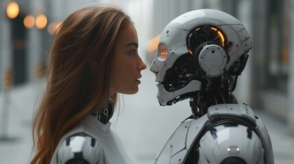 Fototapeta premium Woman opposite AI. The concept of the confrontation between humanity and artificial intelligence.