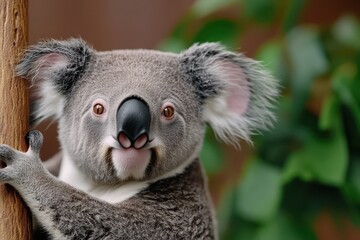 Obraz premium A close-up of a curious koala clinging to a tree, showcasing its unique features and endearing expression in a natural setting.