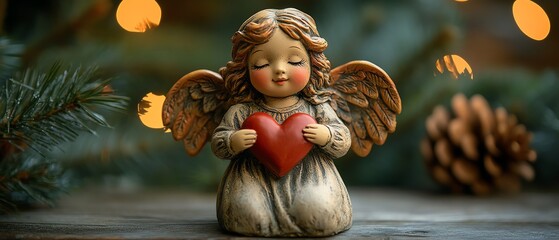 Christmas angel figurine holding a heart, ideal for holiday cards, interior design, and banners