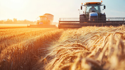 Fototapeta premium Wheat harvesting with combine harvesters at sunset in golden field
